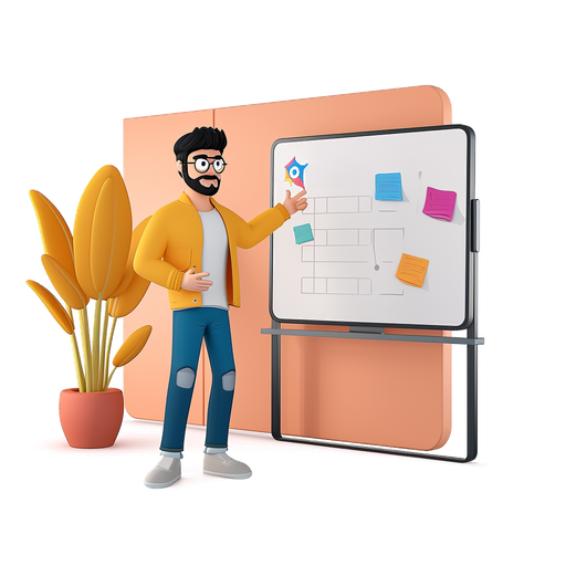 A 3d illustration of a man pointing to a whiteboard.