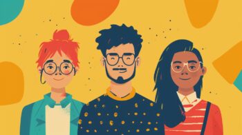 Illustration of three smiling adults with glasses and a colorful background.